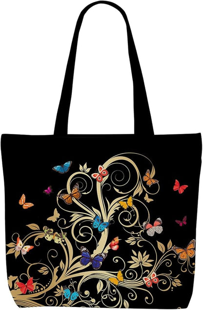 Decohim Floral Butterfly Canvas Tote Bag Boho Canvas Bag with Pocket for Work Office Women Girl Christmas Birthday Gifts