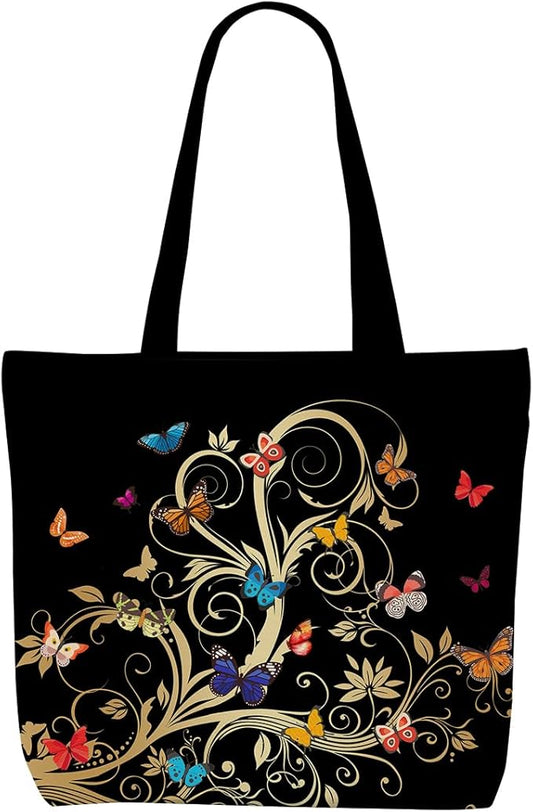 Decohim Floral Butterfly Canvas Tote Bag Boho Canvas Bag with Pocket for Work Office Women Girl Christmas Birthday Gifts