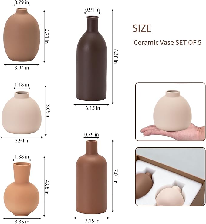 Neutral Ceramic Vase Set – 5 Matte Earth-Tone Vases for Japandi, Scandinavian, or Minimalist Home Decor, Table, Entryway, Shelf & Mantel Styling