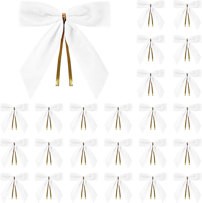 24 Pcs White Small Velvet Christmas Bows for Christmas Tree, Wreath, Gift Wrapping, Crafts, Wedding, Party, Twist Tie Bows for Treat Bag Bakery Candy Bags, Home Decor 1" W,3.5 x 3.5 inch
