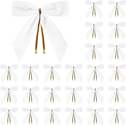 24 Pcs White Small Velvet Christmas Bows for Christmas Tree, Wreath, Gift Wrapping, Crafts, Wedding, Party, Twist Tie Bows for Treat Bag Bakery Candy Bags, Home Decor 1" W,3.5 x 3.5 inch