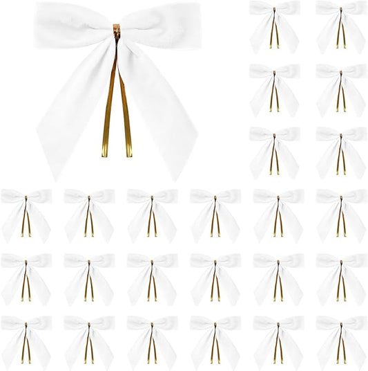 24 Pcs White Small Velvet Christmas Bows for Christmas Tree, Wreath, Gift Wrapping, Crafts, Wedding, Party, Twist Tie Bows for Treat Bag Bakery Candy Bags, Home Decor 1" W,3.5 x 3.5 inch