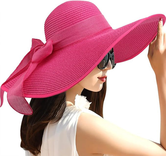 DRESHOW Beach Hats for Women Big Straw Wide Brim Summer Hat Floppy Foldable Roll up Cap Sun Hat UPF 50+