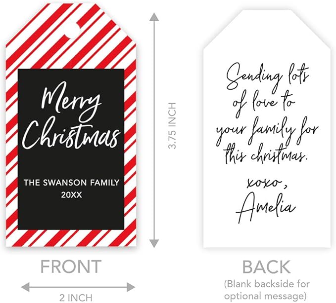 Andaz Press Personalized Christmas Holiday Season Classic Gift Tags, Merry Christmas Custom Family Name and Year, Candy Cane Striped Design, for Holiday Events, Parties, and Favors, 60-Pack