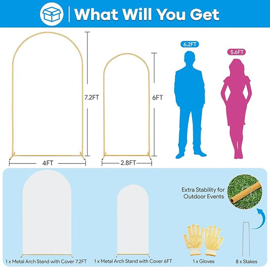 7.2FT, 6FT Arch Backdrop Stand with Cover Set of 2, Gold Metal Balloon Wedding Arch Frame with 8 Ground Stakes Stable for Outdoor Birthday Party Wedding Ceremony Bridal Baby Shower Decoration
