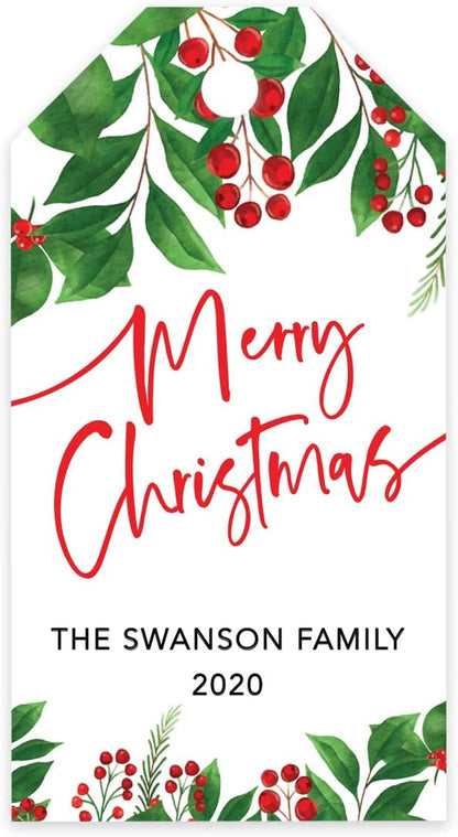 Andaz Press Personalized Christmas Holiday Season Classic Gift Tags, Merry Christmas Custom Family Name and Year, Holly Greenery Leaves Design, for Holiday Events, Parties, and Favors, 60-Pack