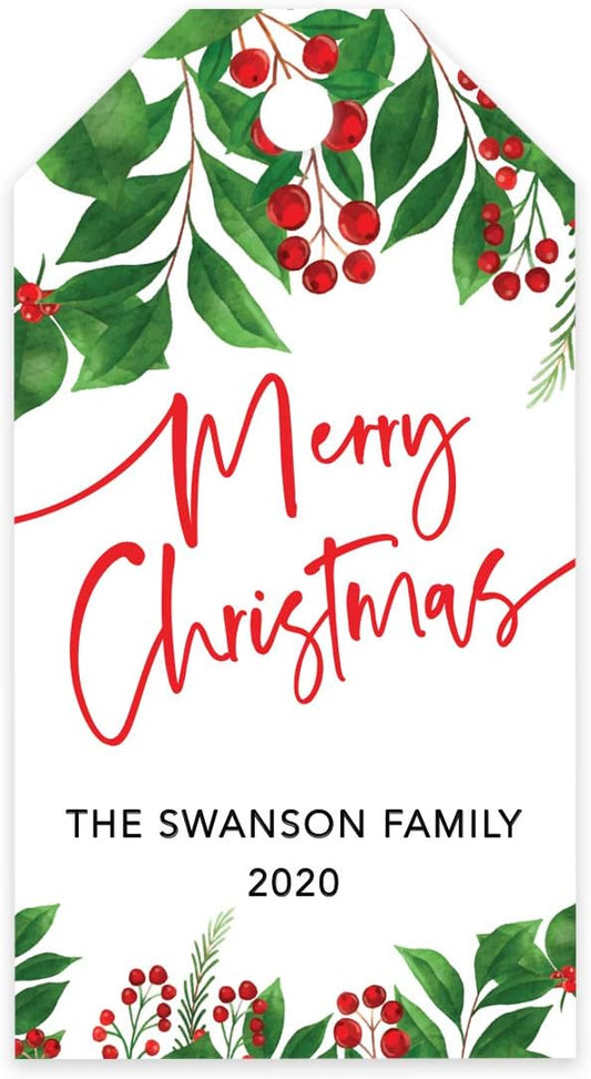 Andaz Press Personalized Christmas Holiday Season Classic Gift Tags, Merry Christmas Custom Family Name and Year, Holly Greenery Leaves Design, for Holiday Events, Parties, and Favors, 60-Pack