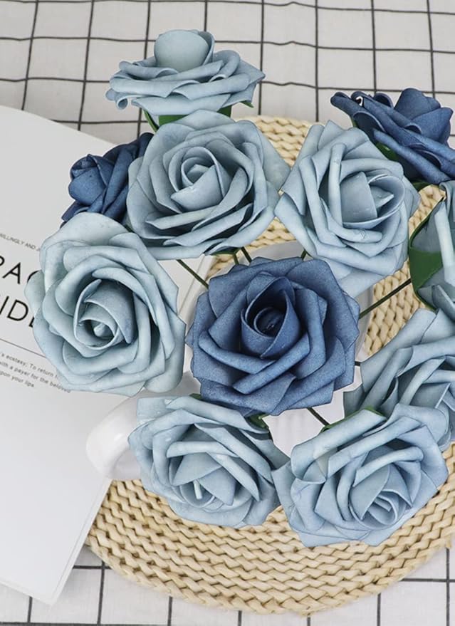 50pcs Artificial Flower，Real Touch Foam Roses w/Stem DIY for Wedding Bouquet Centerpieces Party Shower Home Decor-Dusty Blue Shades