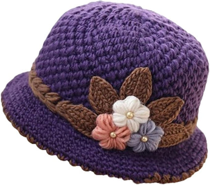 Flower Knit Crochet Fuzzy Bucket Hat Women Winter Warm Beanies Hat Furry Plush Faux Fur Fishing Skull Cap Fishman Hats