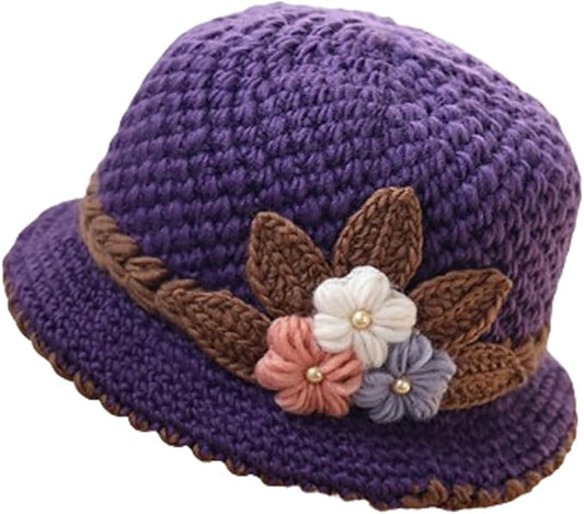 Flower Knit Crochet Fuzzy Bucket Hat Women Winter Warm Beanies Hat Furry Plush Faux Fur Fishing Skull Cap Fishman Hats
