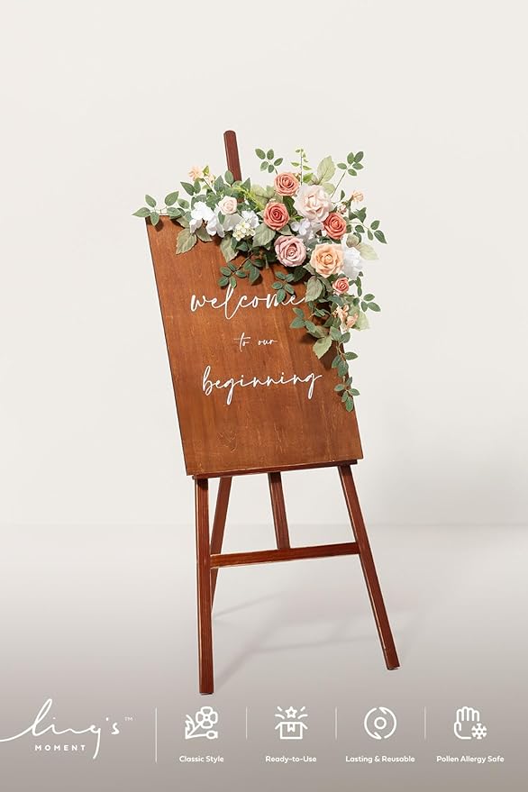 Ling's moment Wedding Artificial Welcome Sign Flowers Swag Arch Floral Garland Decorations Growing Blush Ceremony Reception Entrance Entryway Party Banquets Easel Wall Home Outdoor(NOT Include Sign)