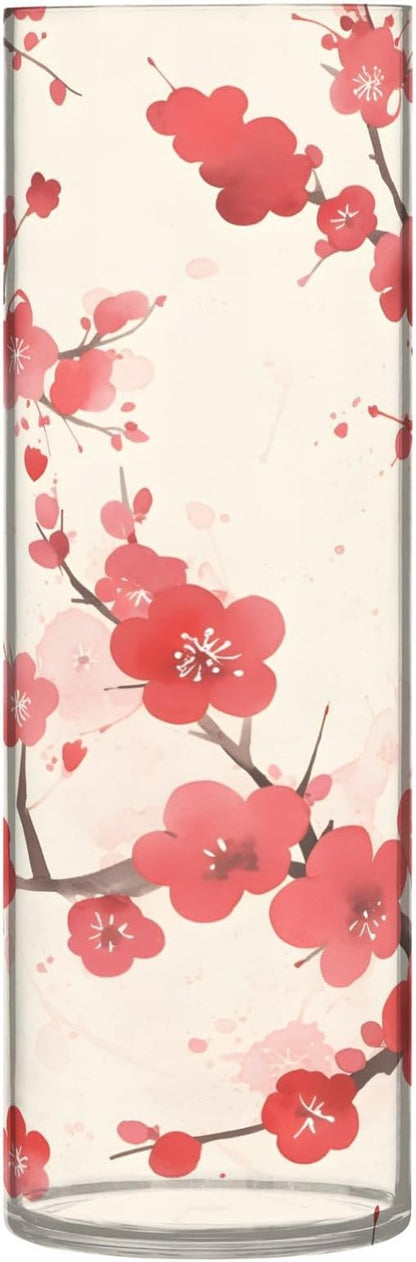 Flower Vase for Centerpieces, Plum Blossoms Flower Red Plastic Cylinder Vase, Clear Bud Vases for Home Wedding Office Table Decor