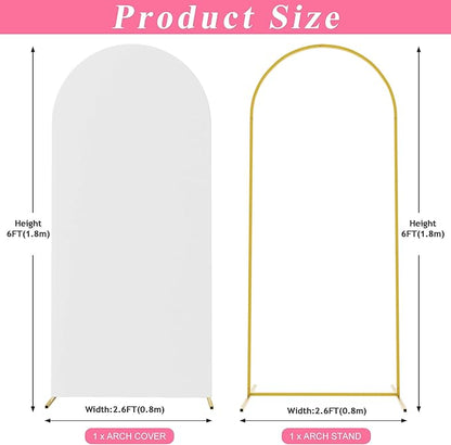Putros 6ft Metal Arch Stand with Cover White Spandex Fitted Wedding Arch Cover and Round Top Chiara Backdrop Set for Birthday Party Baby Shower Decoration