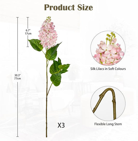 Artificial Lilac Flowers 30" Tall – Set of 3 Silk Lilac Flower Stems for Home Decor, Wedding Centerpieces, Faux Floral Arrangements – Light Pink Artificial Flowers for Vase, Spring & Farmhouse Décor
