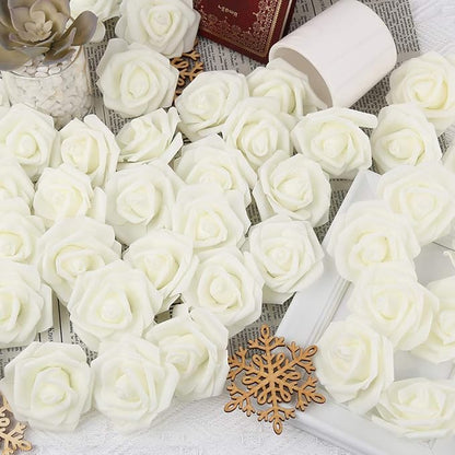 200pcs Ivory Artificial Foam Rose Flower Head, 3-Inch Fake Flower Heads Stemless Flowers for DIY Crafts,Wedding Bouquets Centerpieces Arrangements Party Baby Shower Home Decor (Ivory)