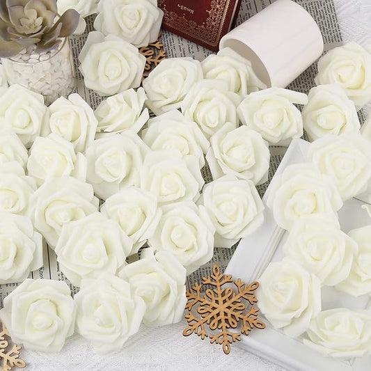 200pcs Ivory Artificial Foam Rose Flower Head, 3-Inch Fake Flower Heads Stemless Flowers for DIY Crafts,Wedding Bouquets Centerpieces Arrangements Party Baby Shower Home Decor (Ivory)