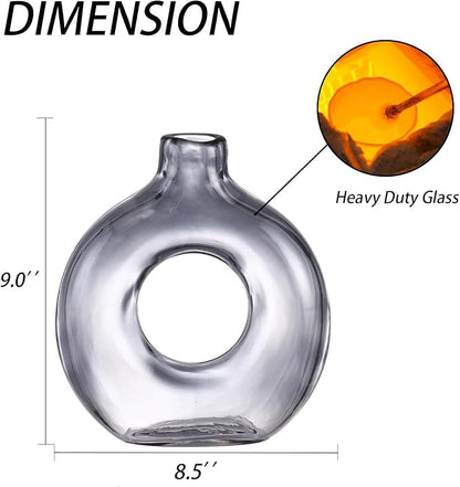 Glass Donut Vase, Grey Glass Vase, Flower Vase, Decorative Vase, Modern Vase, Round Glass Vases for Home, Living Room, Dining Table, Entryway, Mantle, Shelf, Wedding, Office, Coffee Table