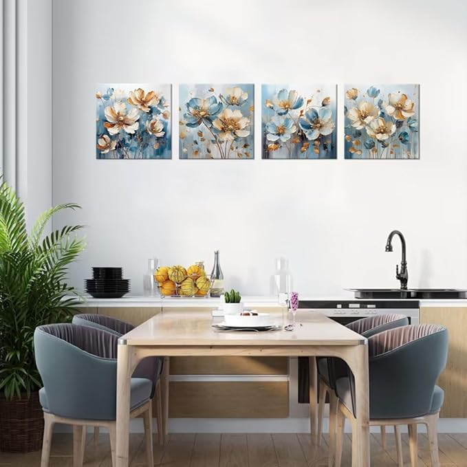 Pankila White Flower Wall Art Floral Pictures Blue and White Canvas Flowers Wall Decor Life Poster for Living Room Bedroom Bathroom Home Decorations Framed Artwork Ready to Hang (20''W x 20''H x 4)