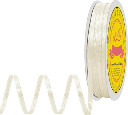 Double Face Ivory Satin Thin Ribbon 1/8 inch X 50 Yards Polyester Ivory Ribbon for Gift Wrapping Very Suitable for Weddings Party Hair Bow Invitation Decorations and More