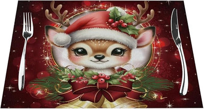 PVC Placemats Set of 6 Wipeable Table Mats Washable Heat Resistant Non Slip Vinyl Dining Table Mat for Kitchen Indoor Outdoor Patio Farmhouse Place Mats Red Christmas Bell Deer Decorative