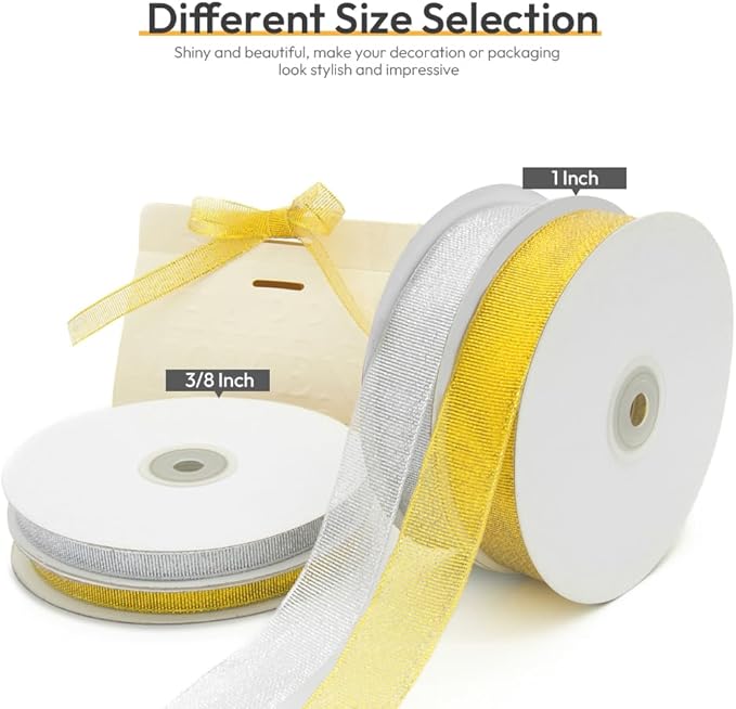 KMER LIFE 3/8 inch x 50 Yards Glitter Silvery Ribbon, Sparkly Metallic Fabric Ribbons, Perfect for Gifts Wrapping, Sewing, Decoration for Christmas, Valentines Day