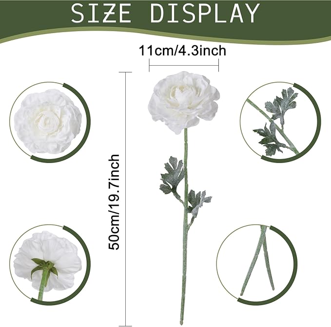 6Pcs White Ranunculus Artificial Flowers 19.7’’ Realistic Faux Ranunculus Silk Peonies with Stems for Wedding Bouquet Home Kitchen Party Garden Indoor Decoration(White)