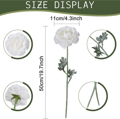 6Pcs White Ranunculus Artificial Flowers 19.7’’ Realistic Faux Ranunculus Silk Peonies with Stems for Wedding Bouquet Home Kitchen Party Garden Indoor Decoration(White)