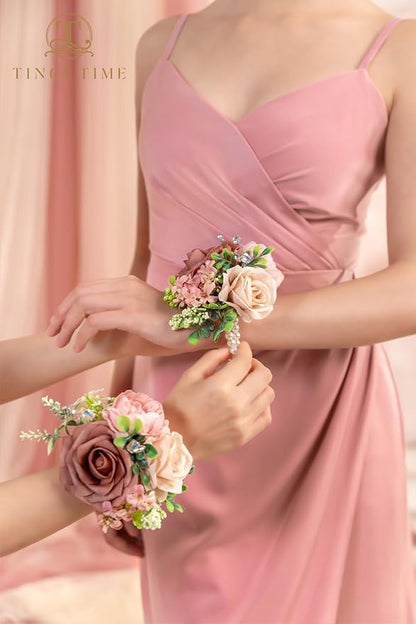 TINGE TIME Set of 2 Wrist Corsage Bracelets Pearl Wristlet Band Bridesmaid Bracelet for Wedding Ceremony Bridal Shower Wedding Artificial Flower Prom (DustyRose&Cream)