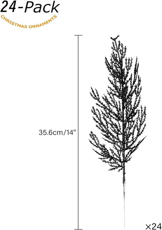 Christmas Glitter Stems 24pcs Artificial Pine Tree Picks for Christmas Tree Ornaments fillers, DIY Xmas Wreath, Crafts, Garland, Holiday, Party, Wedding and Home Decoration (Black)