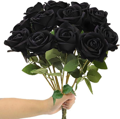 Artificial Roses 12PCS Velvet Rose Real Touch Long Stem Fake Flowers for Floral Arrangement Bridal Wedding Home Party Decor (Black)