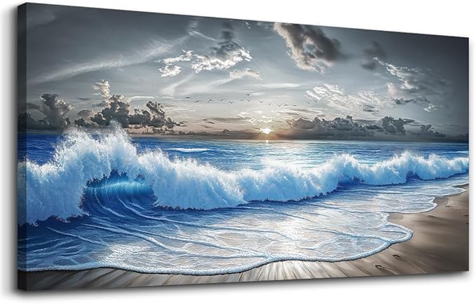 PHAOHUAXM Large Canvas Printed Artworks Mural Wall Decor For Living Room Wall Art For Bedroom Office Decor Black White And Blue Ocean Wave Landscape Painting Modern Home Decor Ready To Hang 30"X60"
