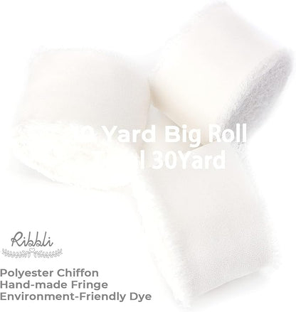 Ribbli White Chiffon Ribbon - 1.5 inch x 30 Yard Handmade Silk, Fringe Chiffon for Wedding Invitations, Gift Wrapping, Bridal Bouquets, Flower Arrangement