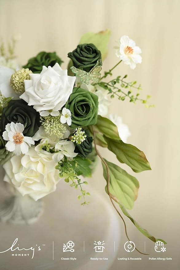 Ling's moment Artificial Flowers, 25Pcs 3" Roses in Emerald Green Shades, Realistic DIY Foam Floral Fill for Wedding Bouquets/Centerpieces, Outdoor Party Backdrops, Room/Table, Garden/Pot Decorations