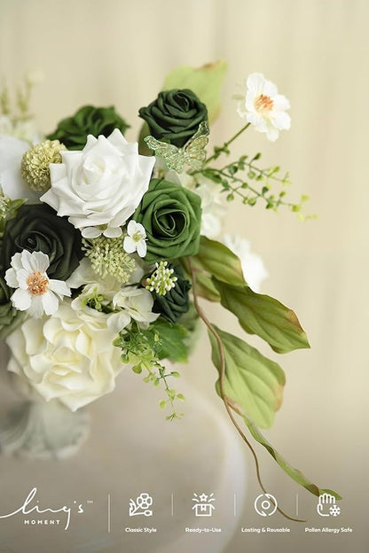 Ling's moment Artificial Flowers, 25Pcs 3" Roses in Emerald Green Shades, Realistic DIY Foam Floral Fill for Wedding Bouquets/Centerpieces, Outdoor Party Backdrops, Room/Table, Garden/Pot Decorations