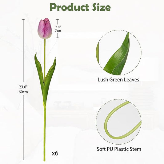 6PCS 23" Fake Tulip Flowers Artificial Violet Tulips Long Stem Faux Flower, Silk Flower Décor for Floral Arrangement Home Farmhouse Wedding Decoration