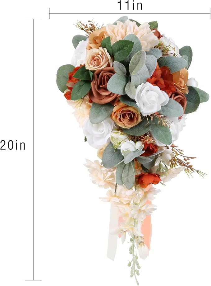 Wedding Bouquet, 11 Inch Terracotta Wedding Decor Artificial Flowers Bridal Bouquet Cascading Wedding Bouquets for Bride for Wedding Ceremony and Anniversary(Chic Terracotta)