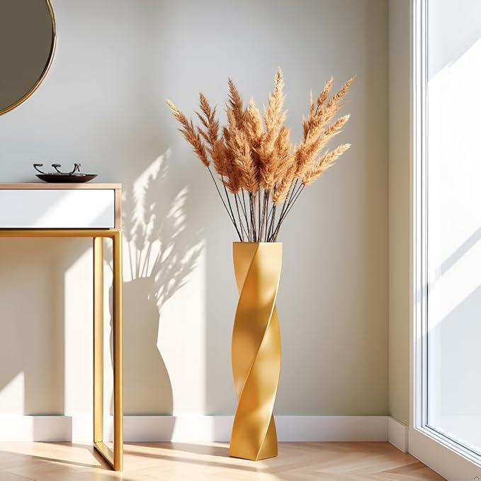 Tall Gold Floor Vase - 23.6 Inch Modern Square Twist Vases for Home Decor, Large Decorative Vase for Dried Flowers, Pampas Grass, Centerpiece - Matte Finish