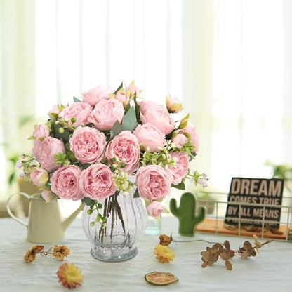 Artificial Peonies Silk Flowers in Glass Vase Faux Flowers Bouquets Modern Penoy Arrangement 4 Pack for Home Decoration Table Centerpiece (Pink)