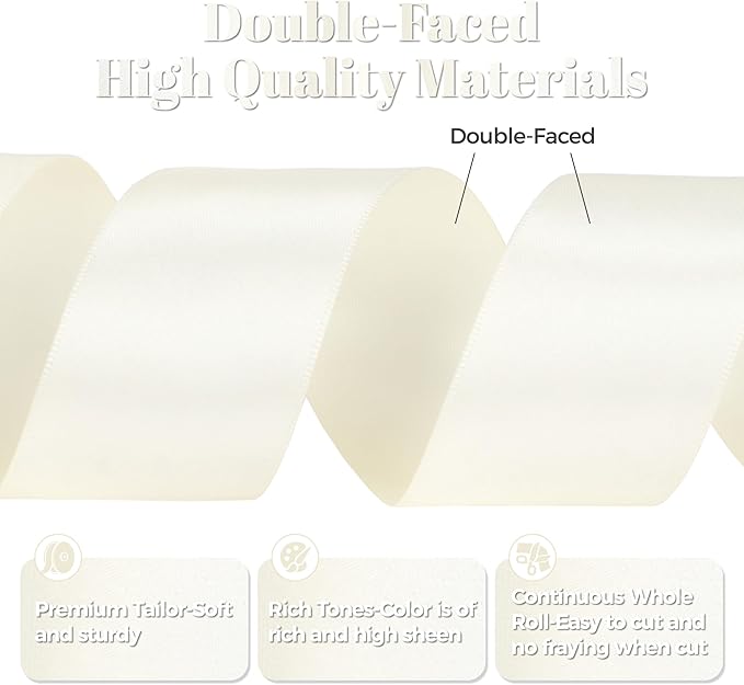 Ivory Satin Ribbon, Double Faced 2 Inch X 25 Yards, Premium Satin Ribbon for Gift Wrapping, Crafts, Hair Bow Making, Sewing, Flower Bouquet, Wedding Party Decor