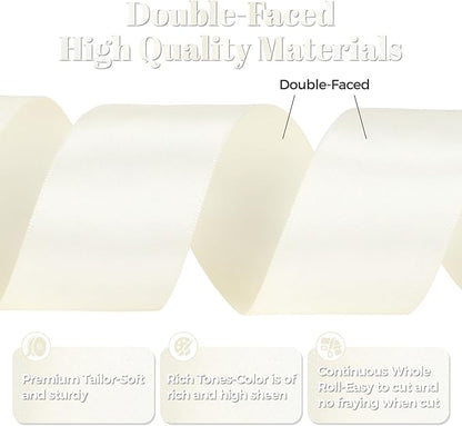 Ivory Satin Ribbon, Double Faced 2 Inch X 25 Yards, Premium Satin Ribbon for Gift Wrapping, Crafts, Hair Bow Making, Sewing, Flower Bouquet, Wedding Party Decor