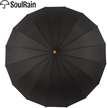 SoulRain 16 Ribs 48" Stick Umbrella Auto Open Solid Color Fashionable and Simple，Arc Classic Wood Handle，Windproof Unbreakable Stick Rain Umbrella