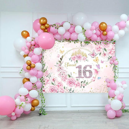 Mocsicka 7x5ft Sweet 16 Backdrop Sweet 16 Banner Decorations for Girls Birthday Party Pink Floral Gold Dots Sweet 16 Background Sweet Sixteen Decorations Photo Booth Props