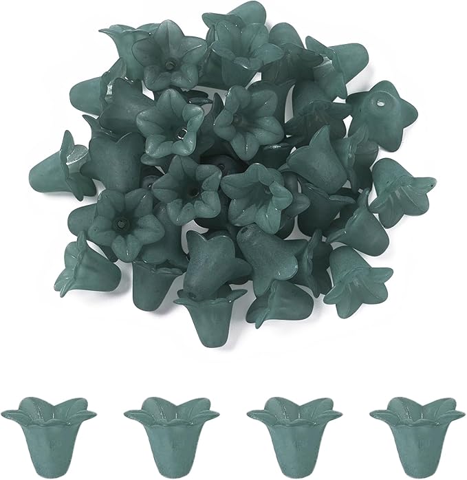 Crafans 50Pcs Frosted Acrylic Flower Beads 17.5x12x1.5mm Transparent Floral Pendants Clear Flower Bead Caps Loose End Spacer Beads for Jewelry Making Dark Green