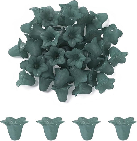 Crafans 50Pcs Frosted Acrylic Flower Beads 17.5x12x1.5mm Transparent Floral Pendants Clear Flower Bead Caps Loose End Spacer Beads for Jewelry Making Dark Green