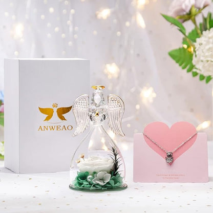 ANWEAO Mom Birthday Flowers Gifts for Mom,Glass Angel Figurines Preserved Real Rose with I Love You Necklace in 100 Languages, Valentines Rose Gifts for Women,Gifts for Her Grandma Unique Flower Gift