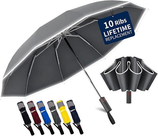 4-in-1 Inverted Travel Umbrella Compact, Automatic Large Umbrellas for Rain & Sun, Portable Windproof Umbrella for Backpack, Reverse Folding Umbrella for UV with Reflective Strips,Lightweight