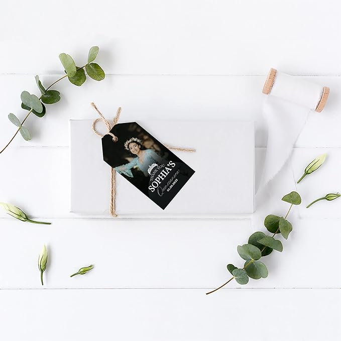 Andaz Press 40-Pack Personalized Quinceañera Favor Tags with String, Classic Thank You Gift Tags with Custom Photo Crown for Quince Años XV 15th Birthday Favor Gifts, Quinceanera Decorations