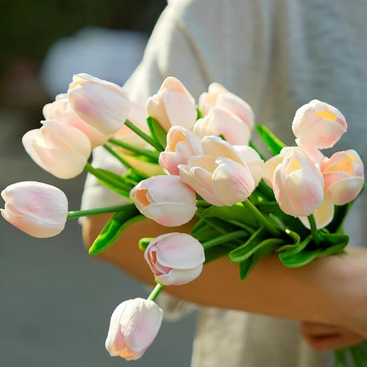 20 Pcs 13” Real Touch Pink Tulips Artificial Flowers, Latex Pu Fake Faux Lifelike Flowers with Stems, for Wedding Bouquet Christmas Home Decor