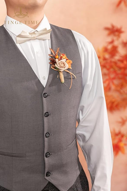TINGE TIME Boutonniere for Men, Groom and Best Man Boutonniere for Wedding Ceremony Anniversary, Formal Dinner Party and Rustic Fall Wedding Marriage (Maple Red)