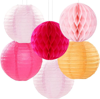 Hot-Pink Burnt-Orange Party-Decorations Streamers Lanterns - 14pcs Fall Birthday Baby Shower Paper Honeycomb Fan,Tissue Pom Poms, Autumn Thanksgiving Bridal Wedding Graduation Decor Ouruola
